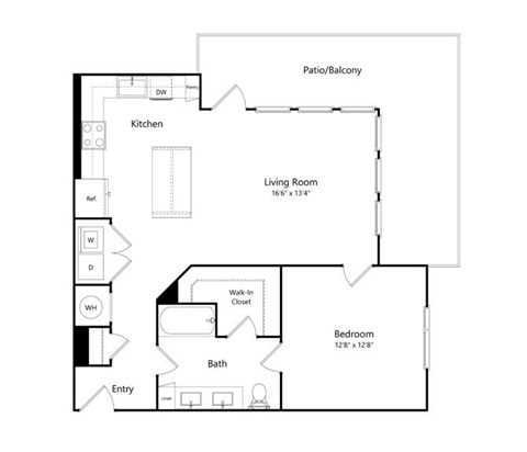 Floor plan for 1 bed, 1 bath, 828 sqft